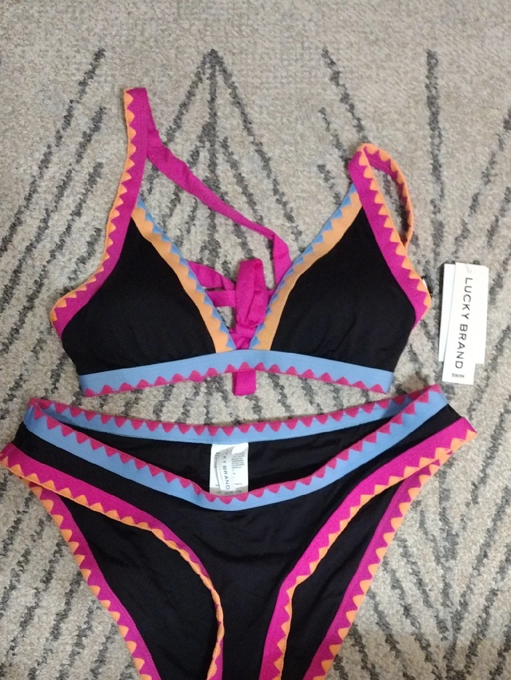Lucky Brand Black Bikini with Pink, Blue & Orange Trim - Picture 1 of 4
